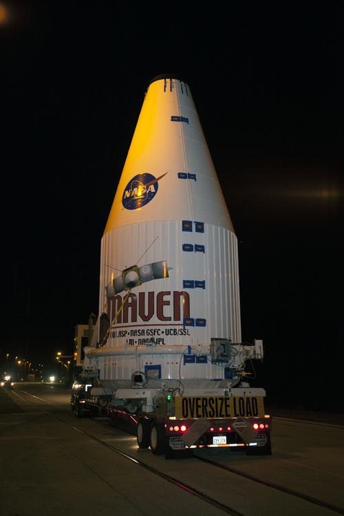 MAVEN within the launch shroud on its way to the assembly building at Complex 41